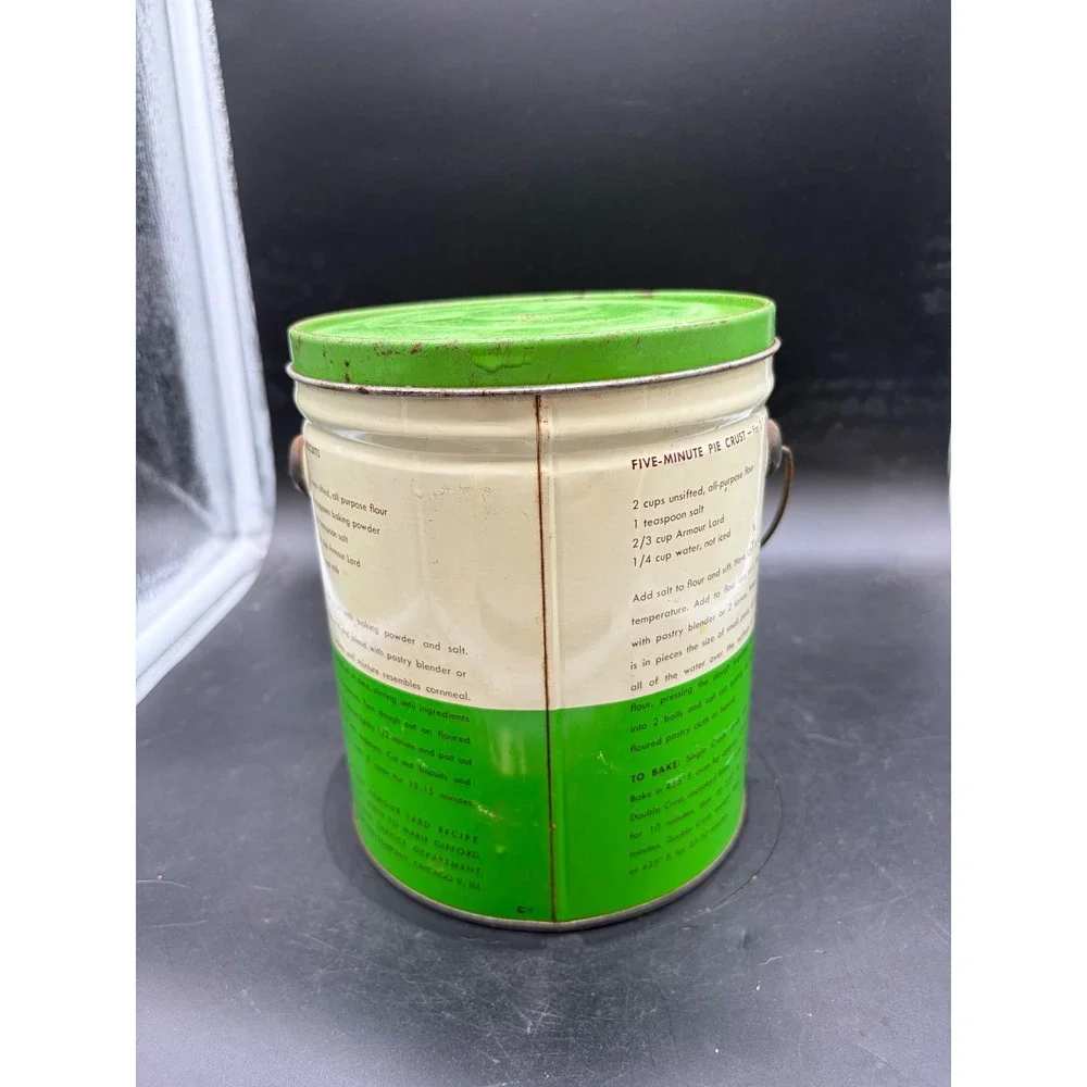 Vintage Armour Pure Lard 4lb Tin Pail with Lid and Recipes Farmhouse Decor